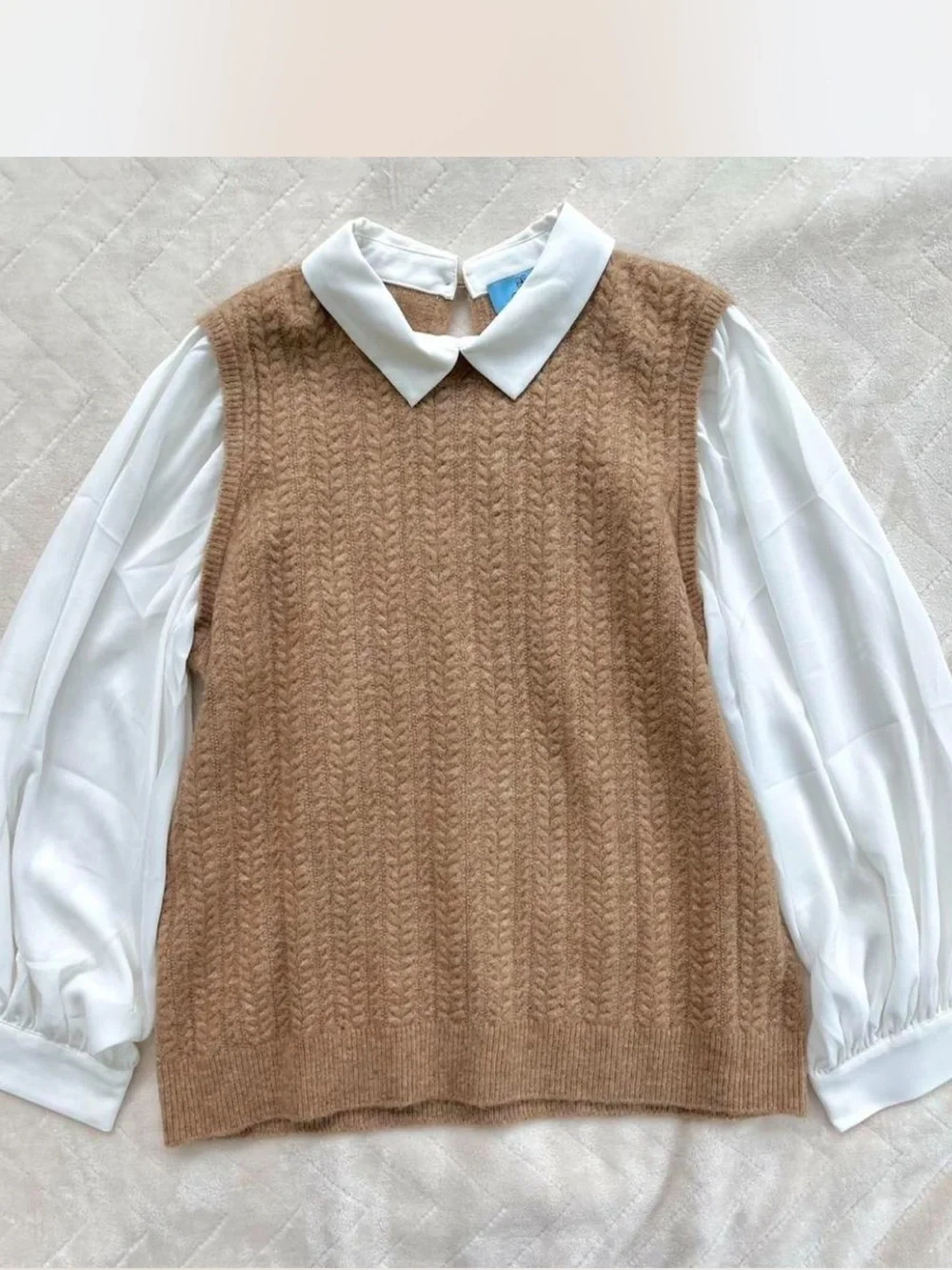 Knit Point Collar Long Sleeve Twofer Scalloped Sweater